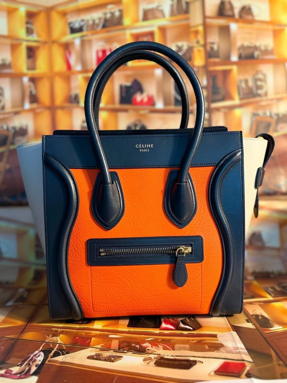 Celine Cream, Orange and Black Leather Tote - Picture 8 of 8